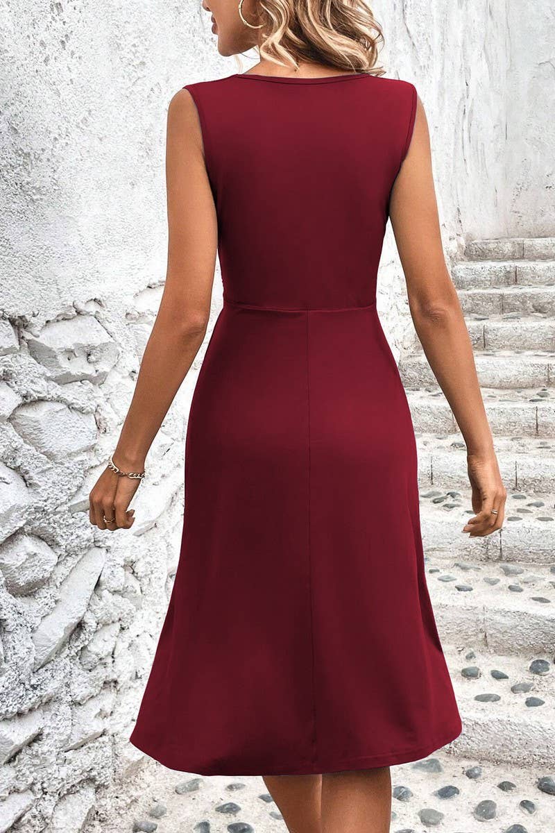 CWDMD5881_V NECK CROSS WAIST RUCHED SLEEVELESS MIDI DRESS