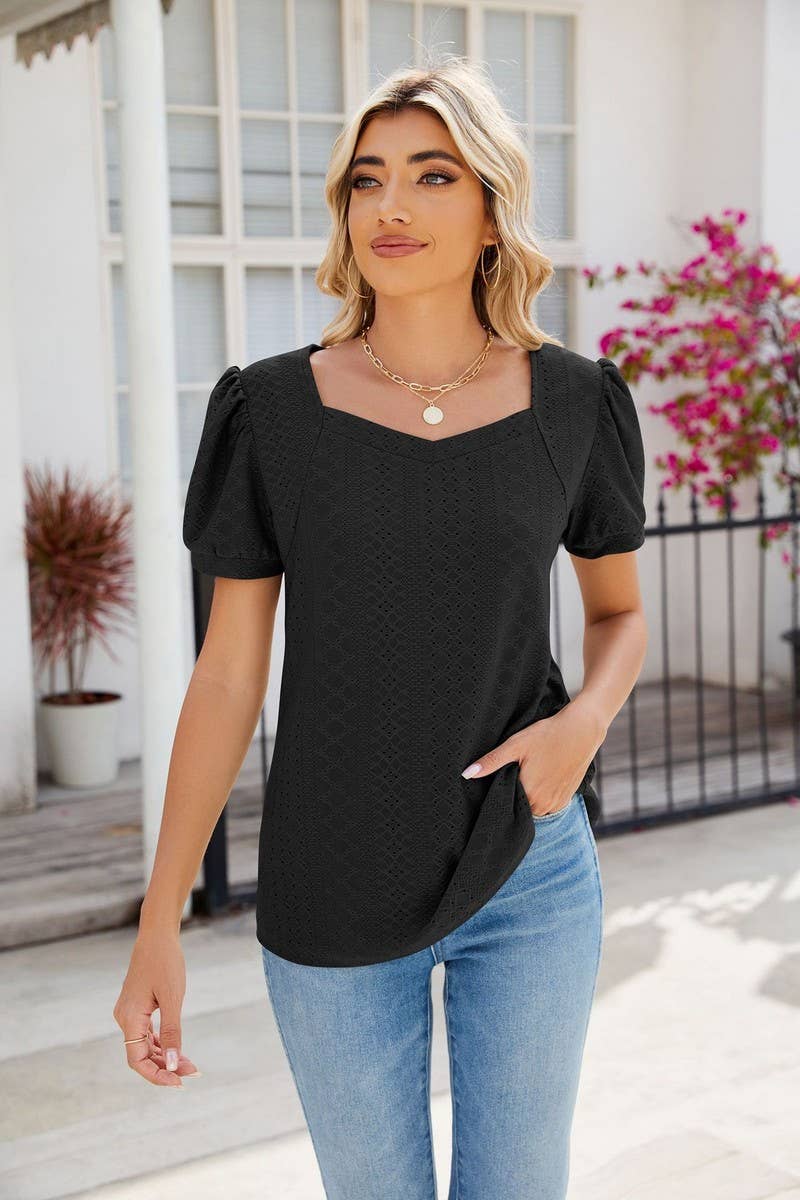 CWTBLS0877_SQUARE COLLAR SOLID COLOR SHORT-SLEEVED TOP