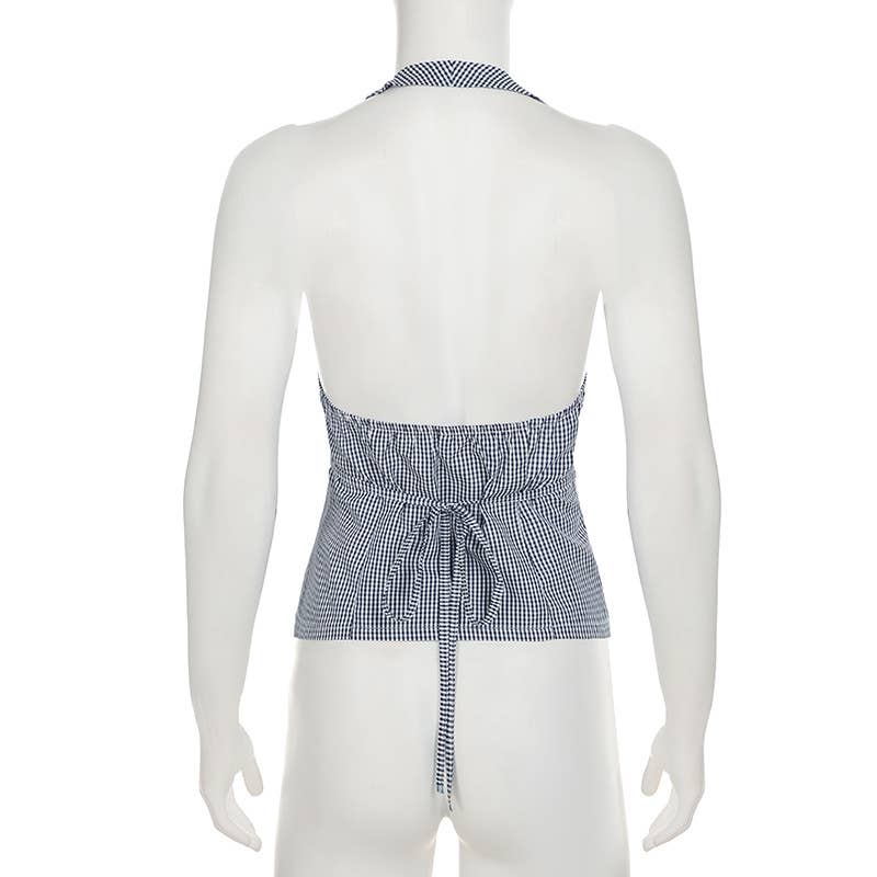French button-down V-neck checkered halter vest