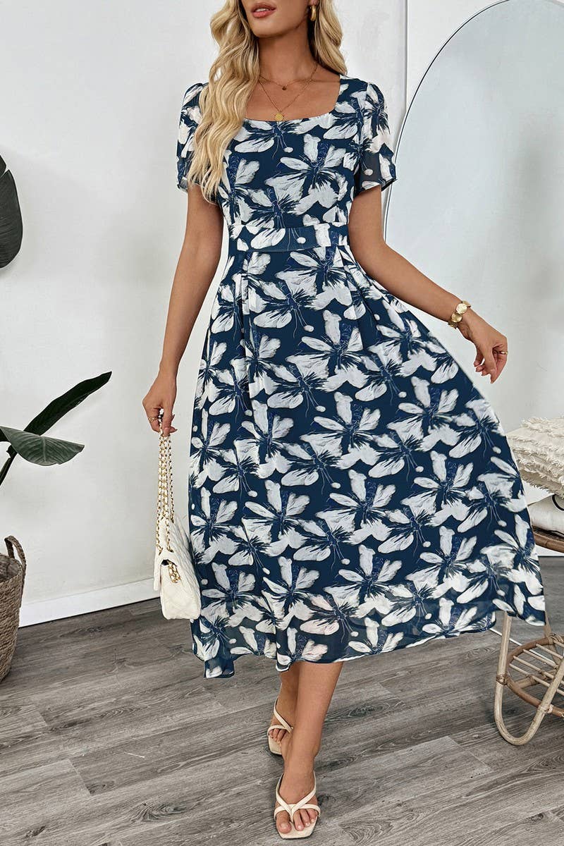 CWDMD5796_VINTAGE FLORAL SQUARE NECK WAISTED DRESS