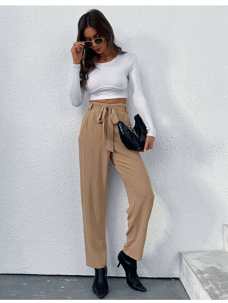 Elastic lace-up wide-leg pants
