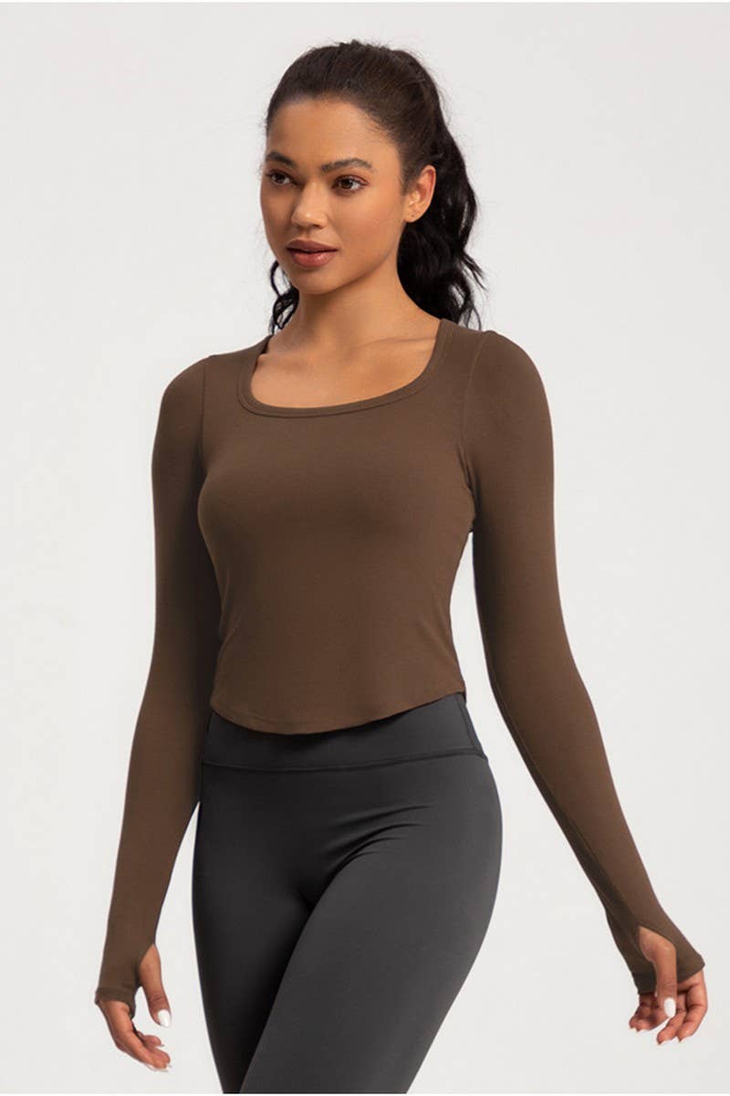 CWTBLL2940_SQUARE NECK TIGHT LONG SLEEVE PADDED FITNESS TOP