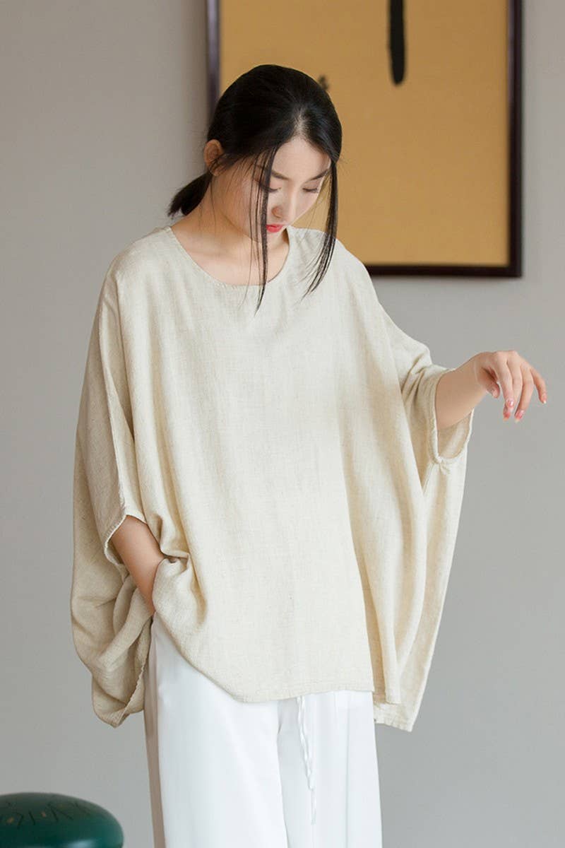 CWTBLS1454_LINEN BATWING SLEEVE SUN PROTECTION TOP