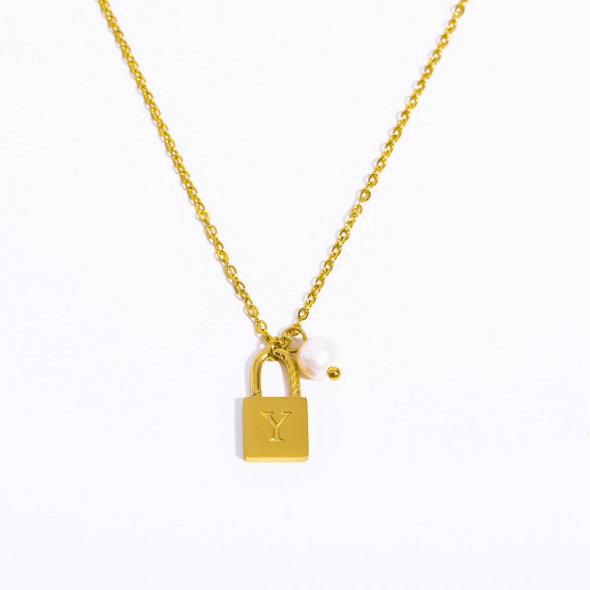Stainless Steel Letter Pearl Lock Pendant Necklace_CWMM5298
