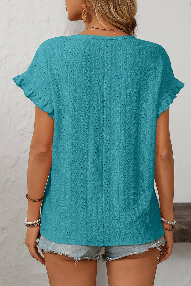 CWTBLS1710_SOLID COLOR ROUND NECK SHORT SLEEVE HOLLOW TOP