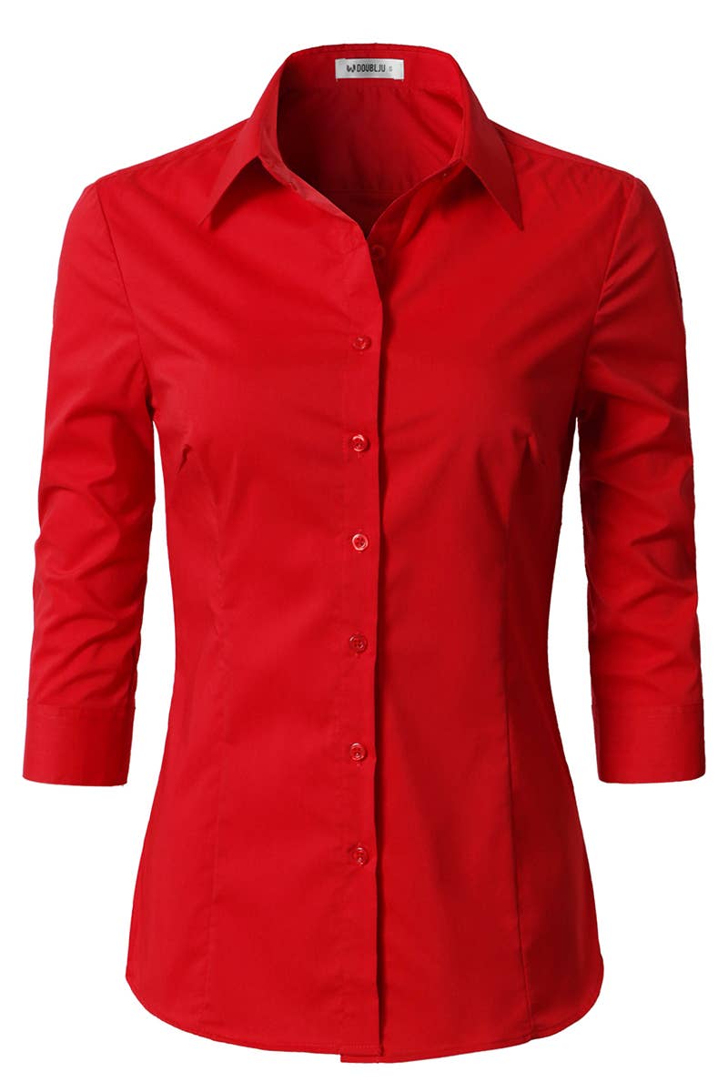 CWTSTS116_Basic Slim Fit Simple 3/4 Sleeve Button Down Shirt