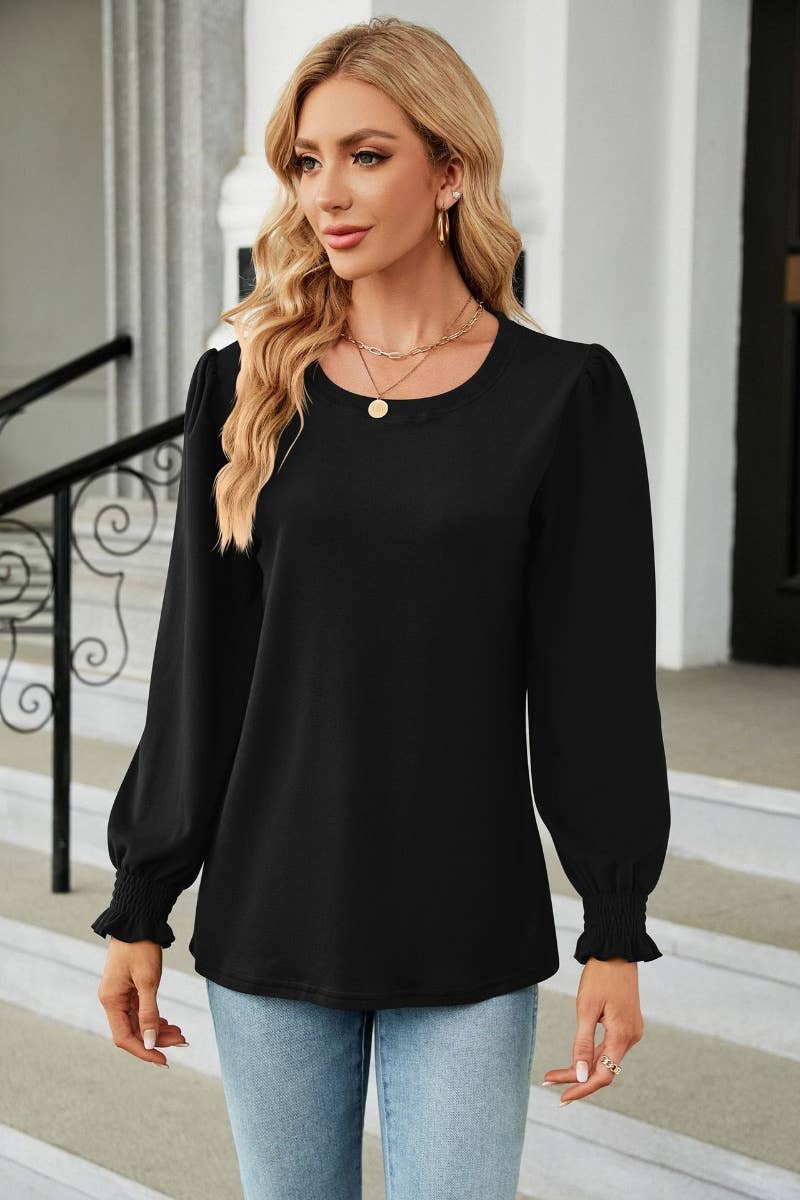 CWTBLL2800_AUTUMN CREW-NECK SOLID COLOR LONG-SLEEVED TOP