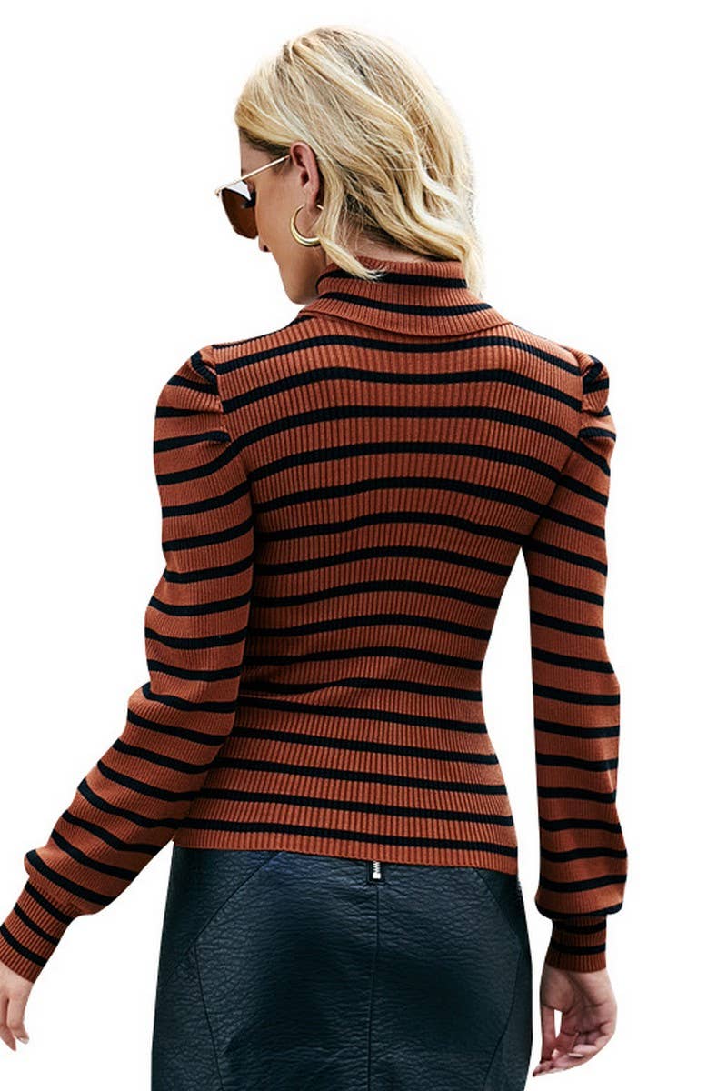CWOSWL2684_PUFF SLEEVE TURTLENECK KNIT STRIPED TOP