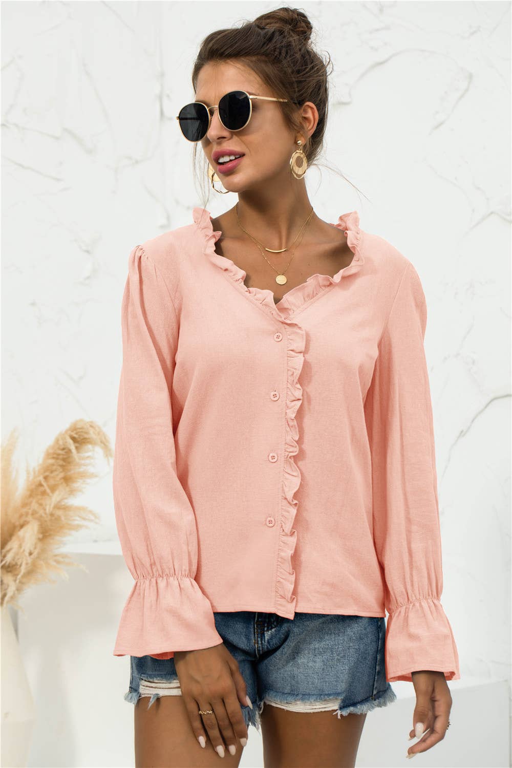Casual V-neck ruffled button-down shirt