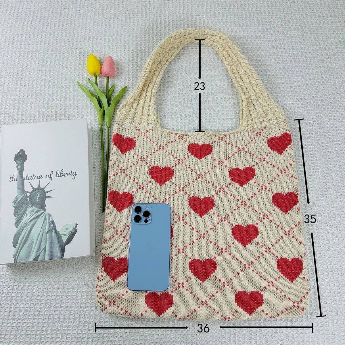 CWAB5064_SHOPPING KNITTED HEART PATTERN WOVEN BAG