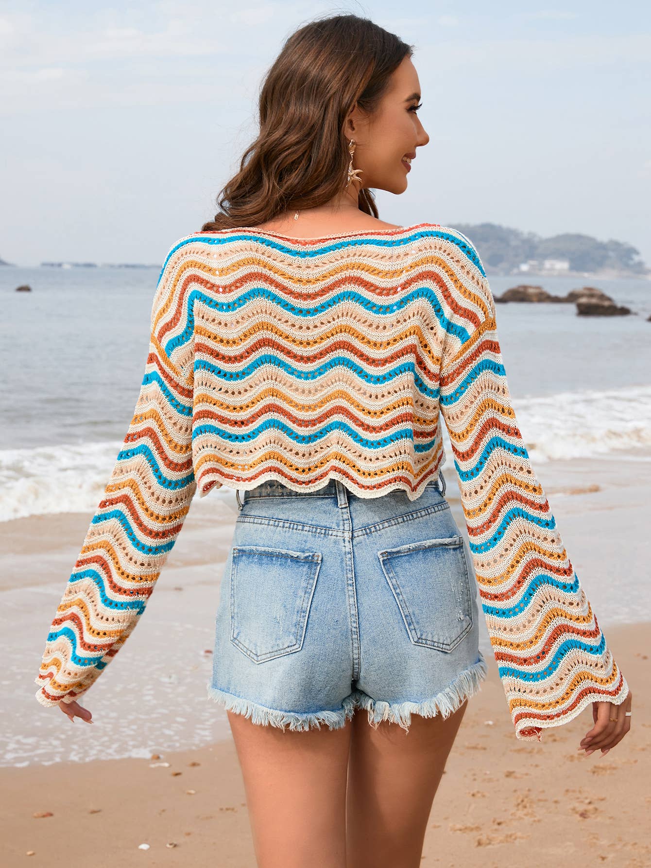 Color-Blocked Stripe Round Neck Bikini Cover-up
