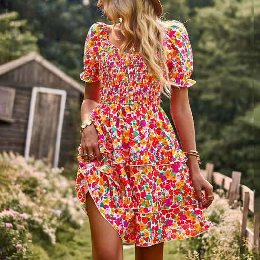 FLORAL SHORT SLEEVE CAKE DRESS