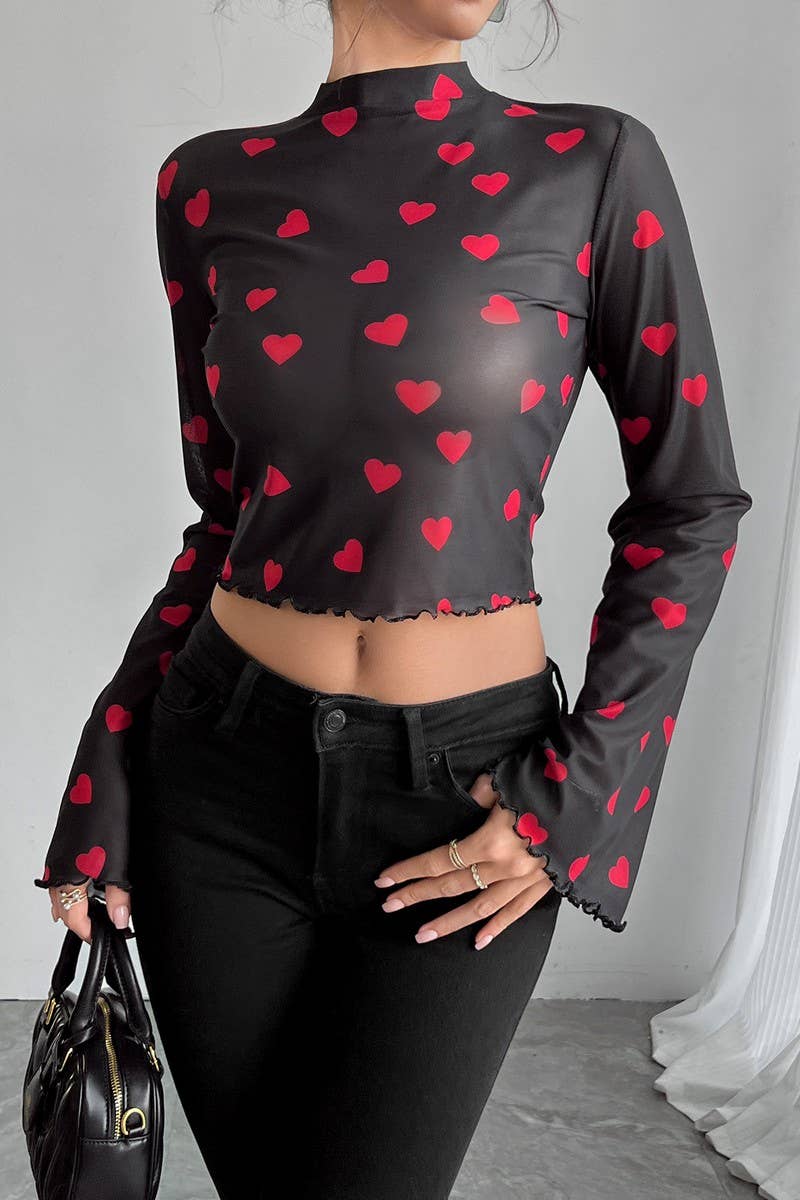 CWTBLL3925_MESH PRINT BELL SLEEVE LONG SLEEVE CREW NECK TOP