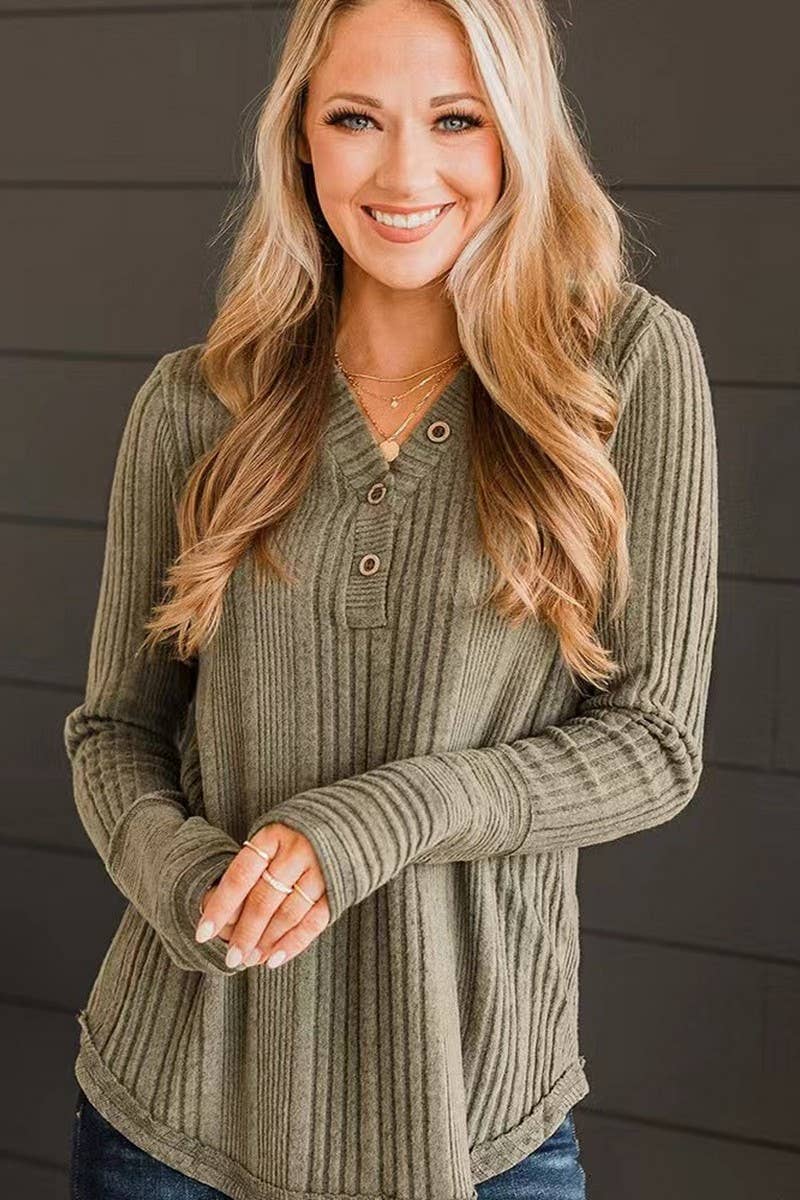 CWTBLL01081_CASUAL V NECK SOLID LONG SLEEVE BLOUSE