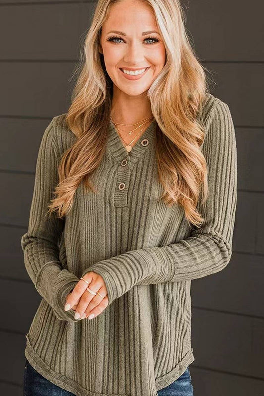 CWTBLL01081_CASUAL V NECK SOLID LONG SLEEVE BLOUSE