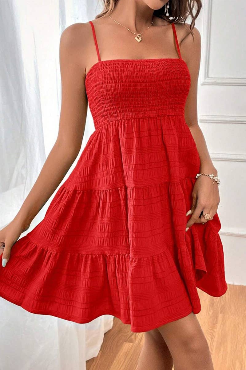 CWDHL0739_SUMMER SOLID COLOR TEXTURED SUSPENDER DRESS