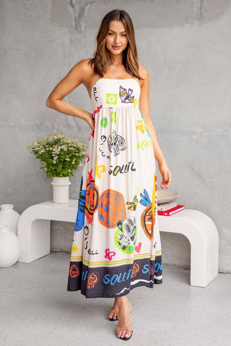 CWDMD3030_PRINTED SUSPENDER DRESS WITH WIDE SWING