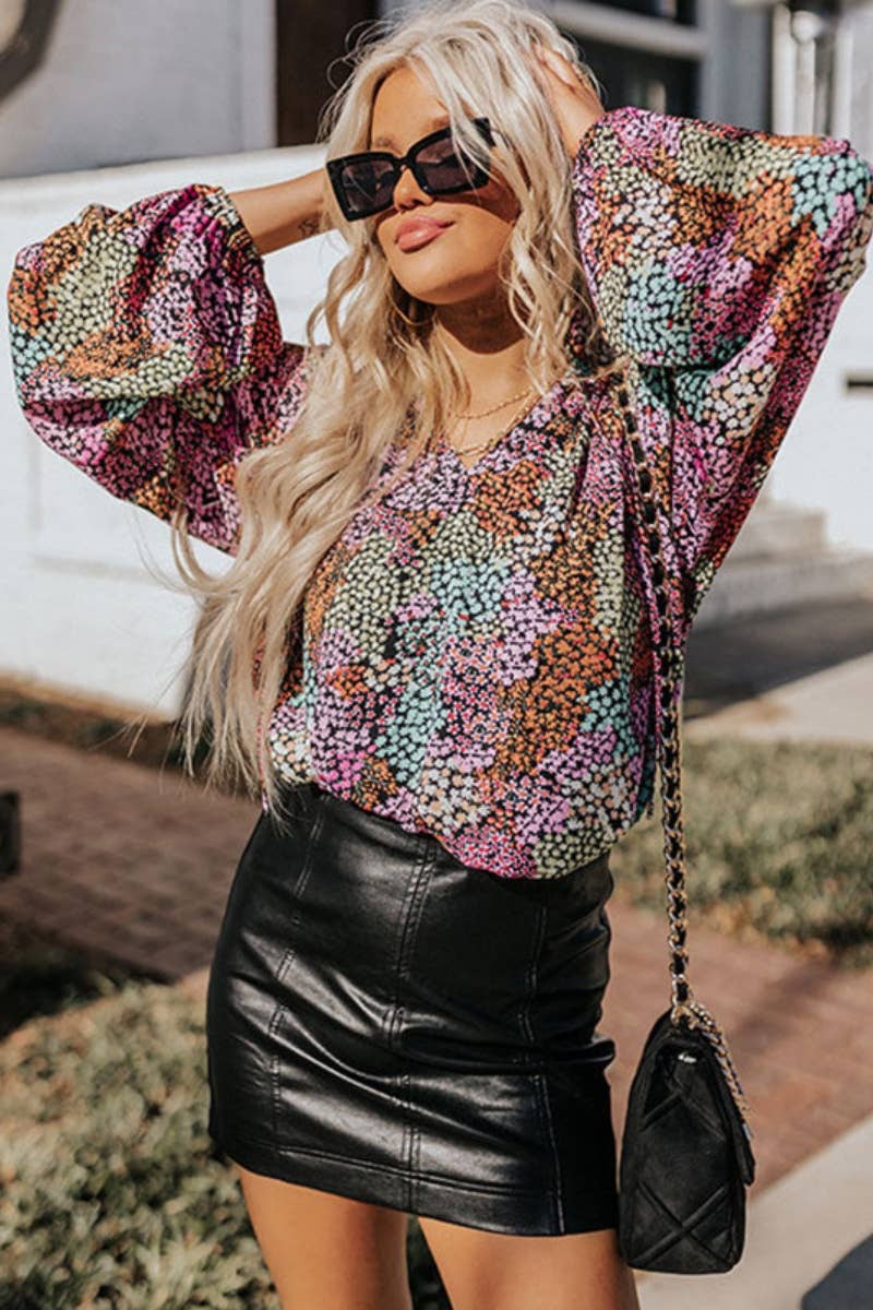 CWTBLL3098_LOOSE LONG SLEEVE FLORAL LANTERN SLEEVE TOP