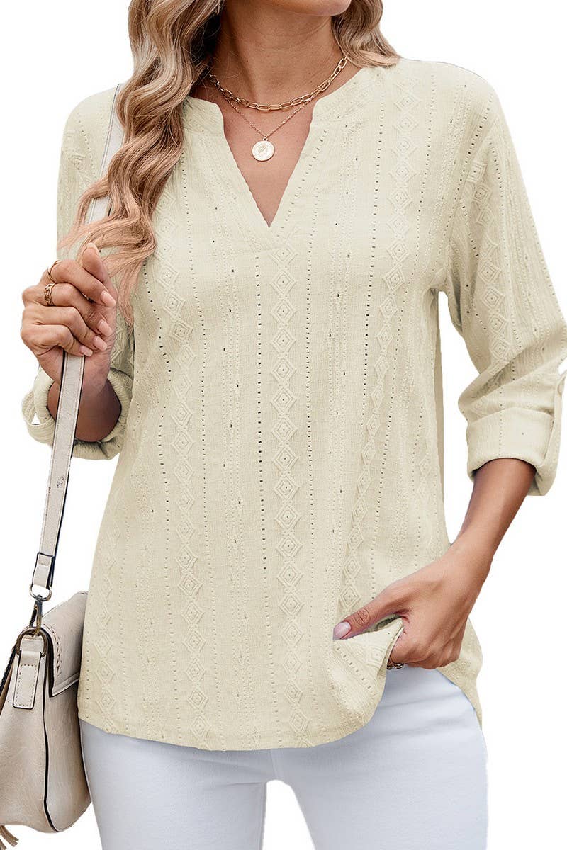 CWTTS1337_SUMMER V-NECK THREE-QUARTER SLEEVE BUTTON T-SHIRT