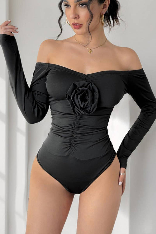 CWSBSL0077_BLACK OFF SHOULDER 3D FLORAL SLIM BODYSUIT