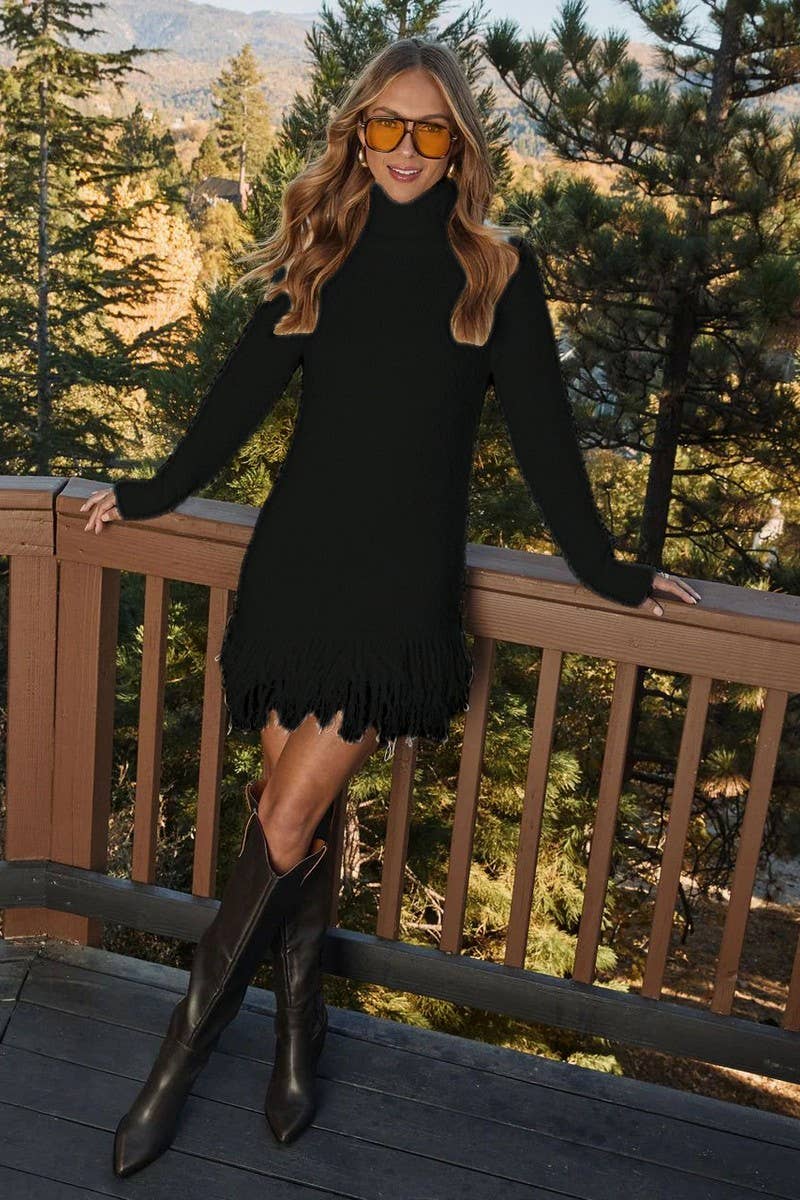 CWDSD8952_FRINGE TURTLENECK KNIT SWEATER DRESS