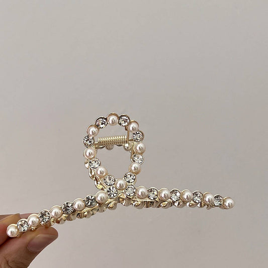 French Alloy Hair Claw, Pearl Rhinestone Decor_CWAHA0619