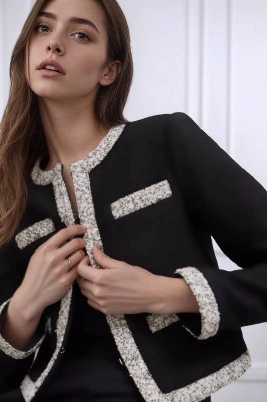 CWOCO1281_ROUND NECK COLOR-BLOCKED TRIM TWEED SHORT COATS