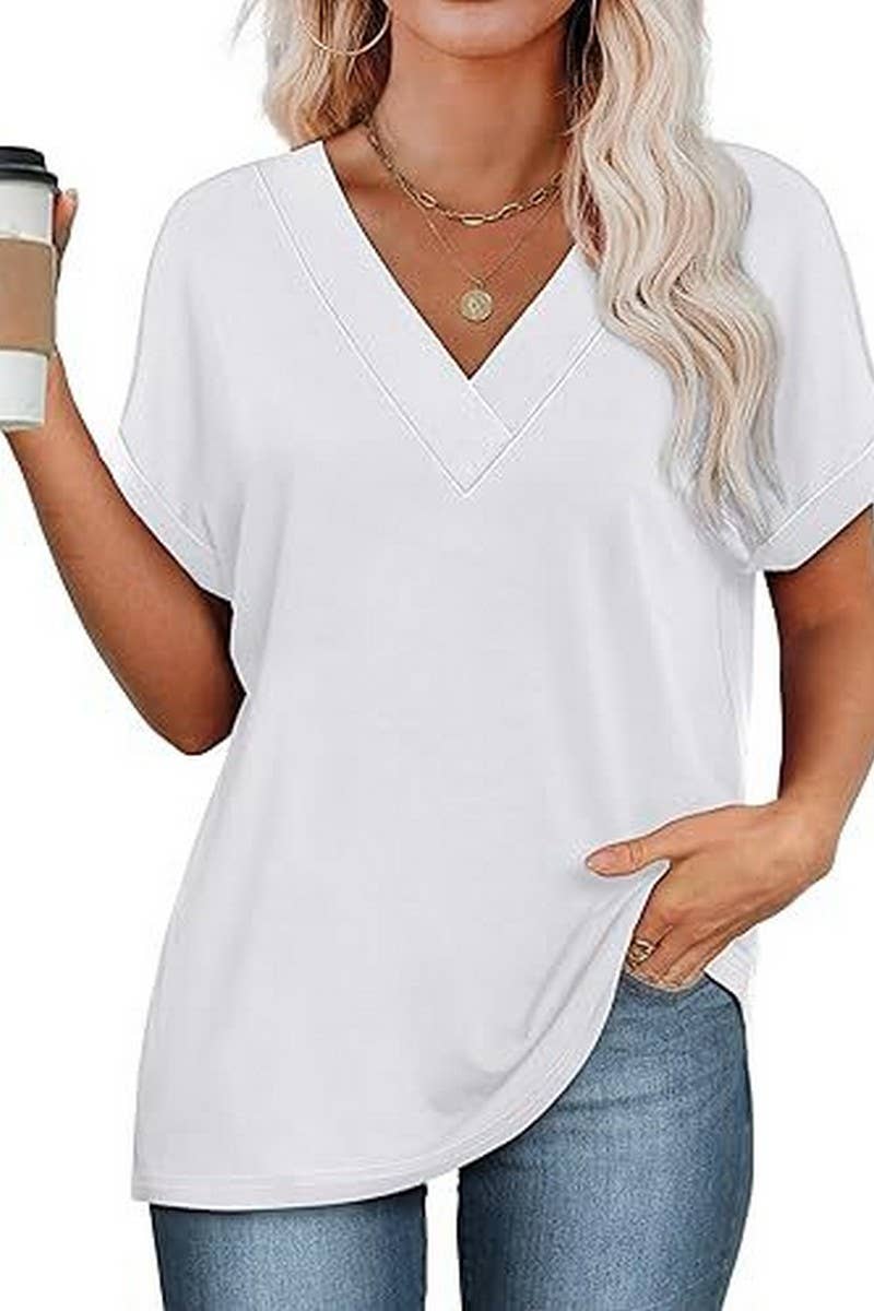 CWTBLS2191_SOLID V-NECK LOOSE BATWING SLEEVE CROP TEE