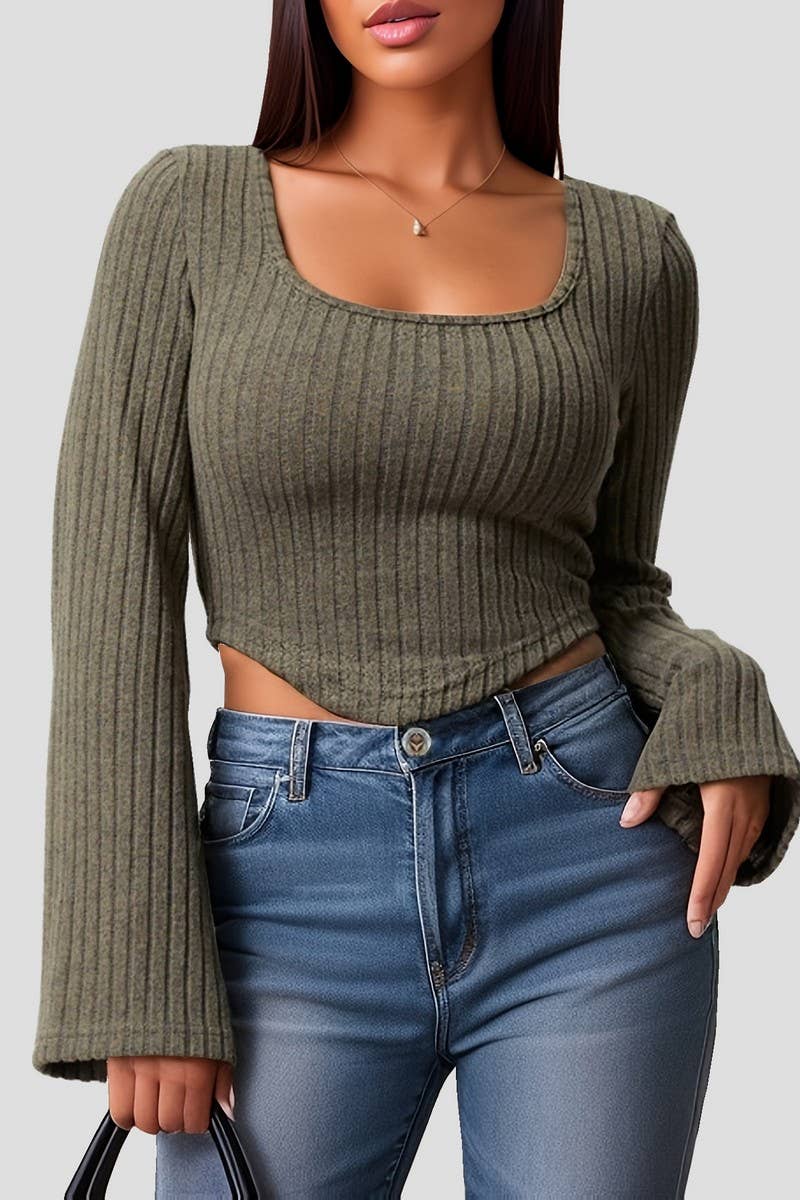 CWTBLL3791_SEXY SLIM SQUARE NECK TRUMPET SLEEVE TOP