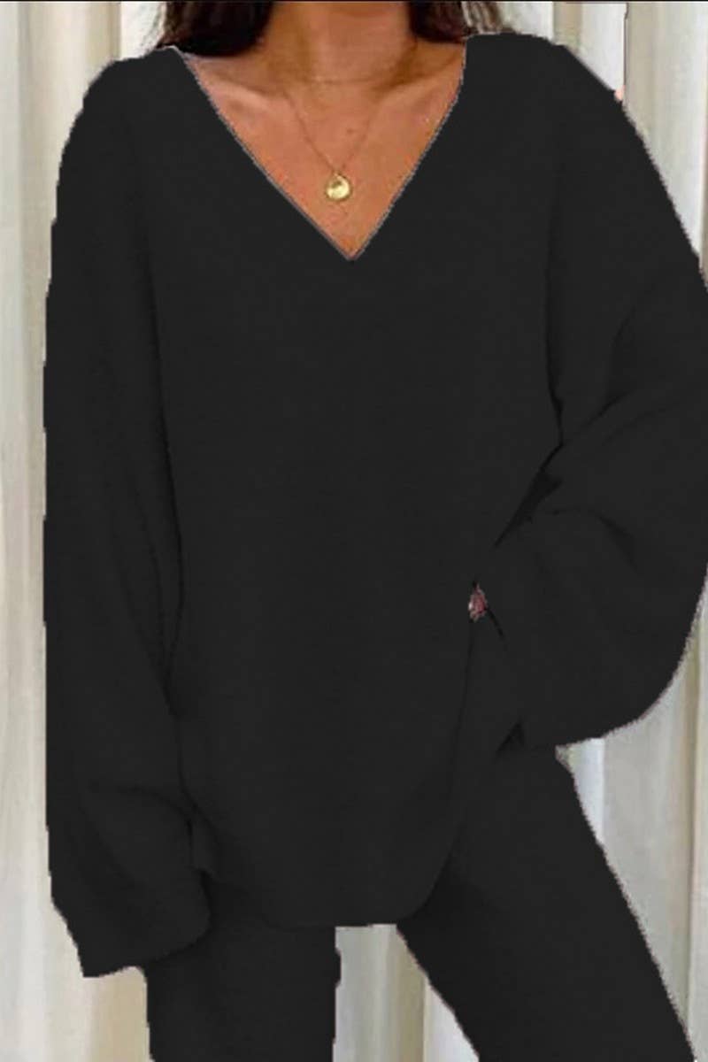 CWSTB00381_SOLID COLOR V-NECK CASUAL HOME WARM SUIT