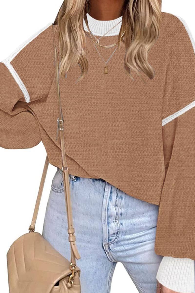 CWOSWL5180_CREW-NECK PATCHWORK LONG-SLEEVED SWEATER
