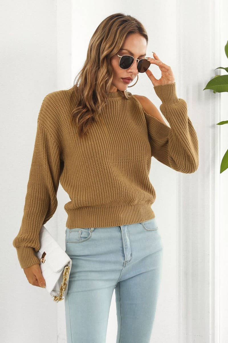 CWOSWL4073_OFF-THE-SHOULDER HOLLOW LONG-SLEEVED SWEATER