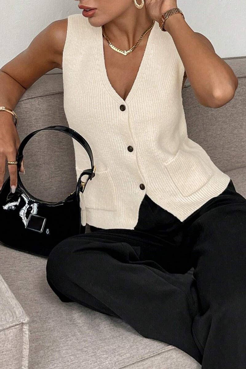 CWOV0791_SOLID V-NECK SINGLE BUTTON KNIT VEST