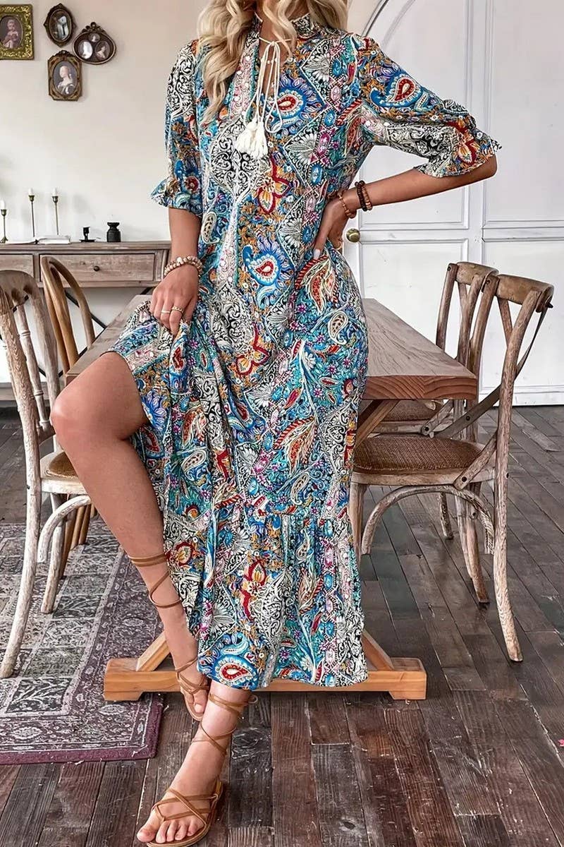 CWDMD4101_PRINTED ELBOW SLEEVE TIE-TIE RUFFLE DRESS