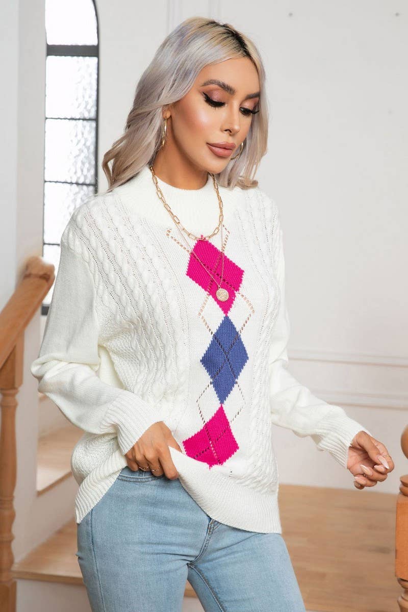 CWOSWL3962_CONTRAST COLOR CABLE HALF TURTLENECK SWEATER