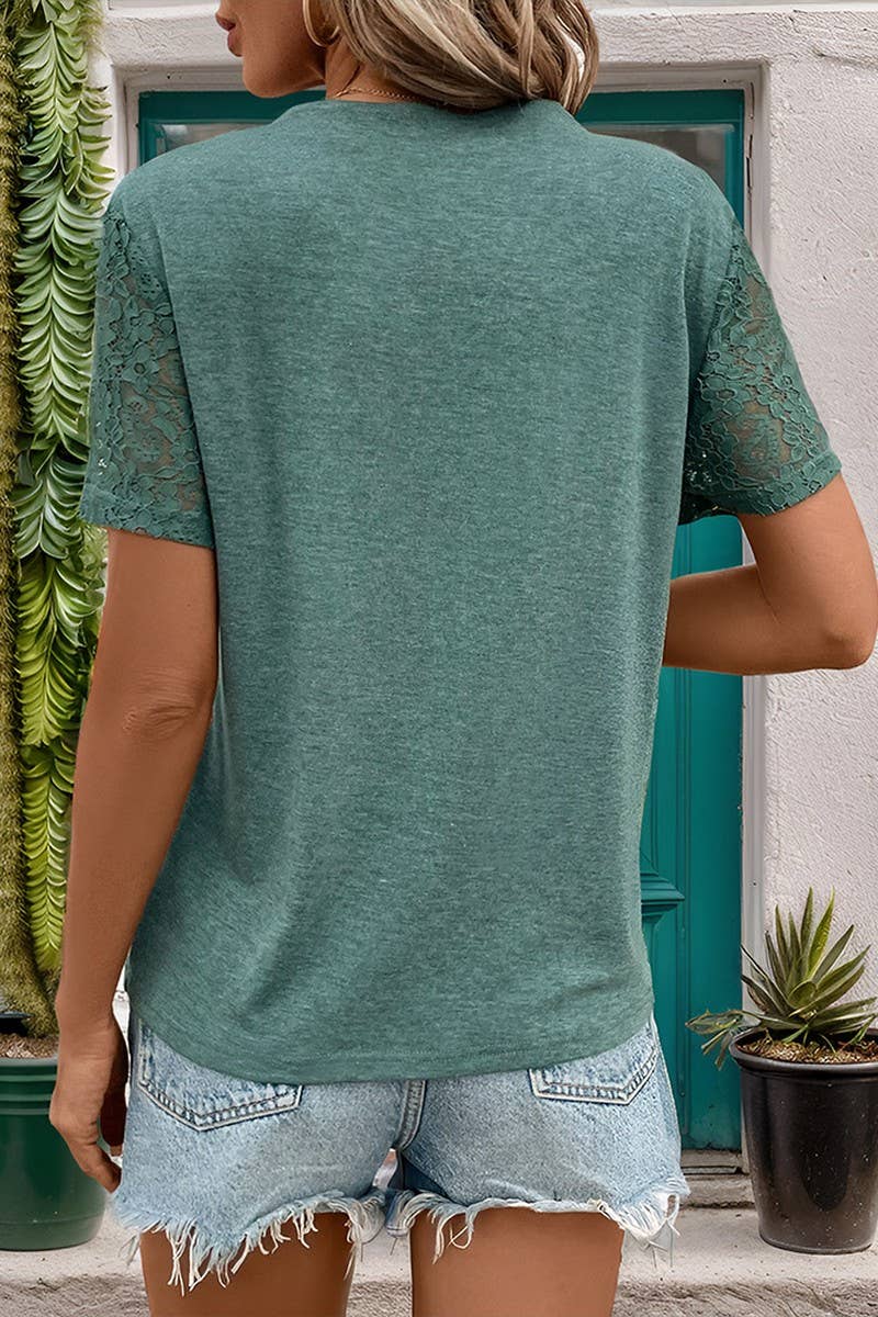 CWTBLS0954_NEW SUMMER LACE SPLICING V-NECK CASUAL T-SHIRT
