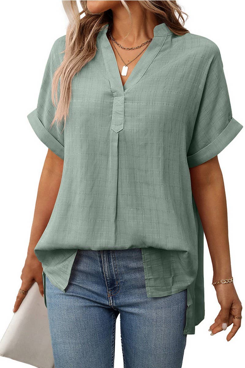 CWTBLS1720_V-NECK STRIPED LOOSE CHECK SHORT-SLEEVED SHIRT