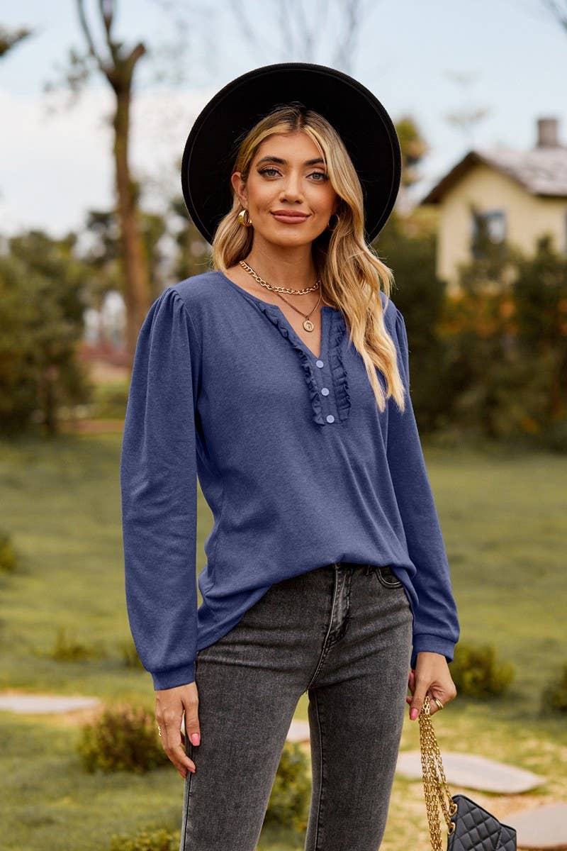 CWTBLL3682_SOLID COLOR V-NECK BUTTON RUFFLED LONG-SLEEVED TO