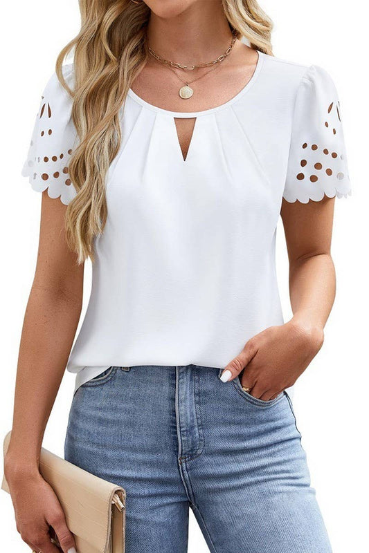 CWTBLS2272_V-NECK LACE TRIM EYELET SHORT SLEEVE CHIFFON TOP