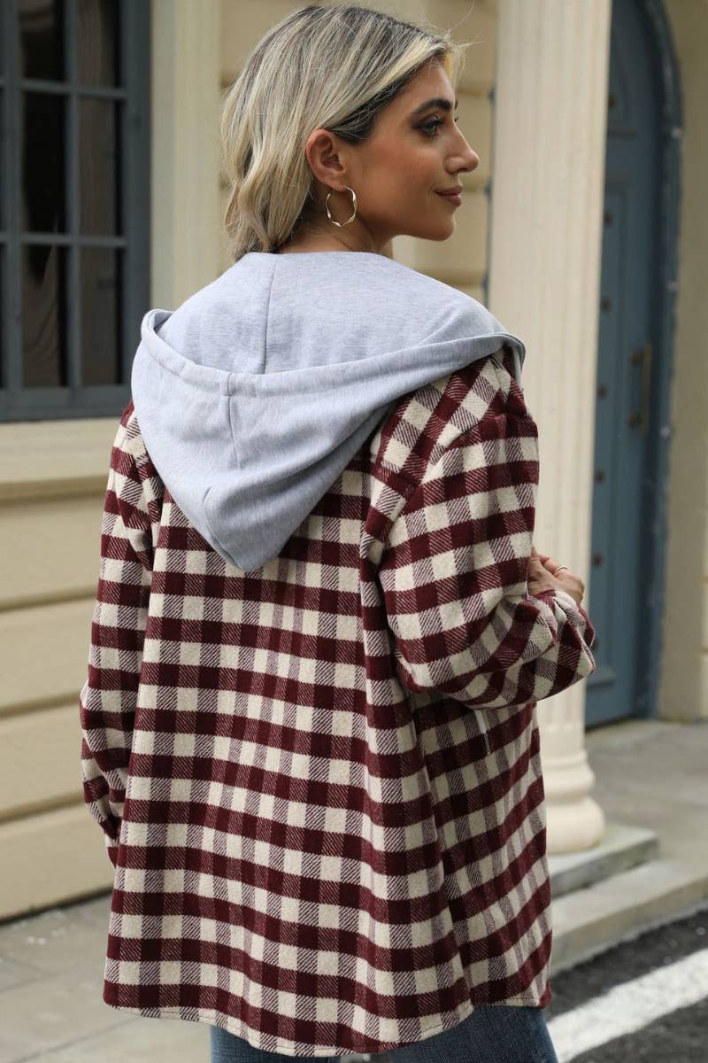 CWOCO0568_FALL PLAID HOODED PATCHWORK WOOLEN COAT