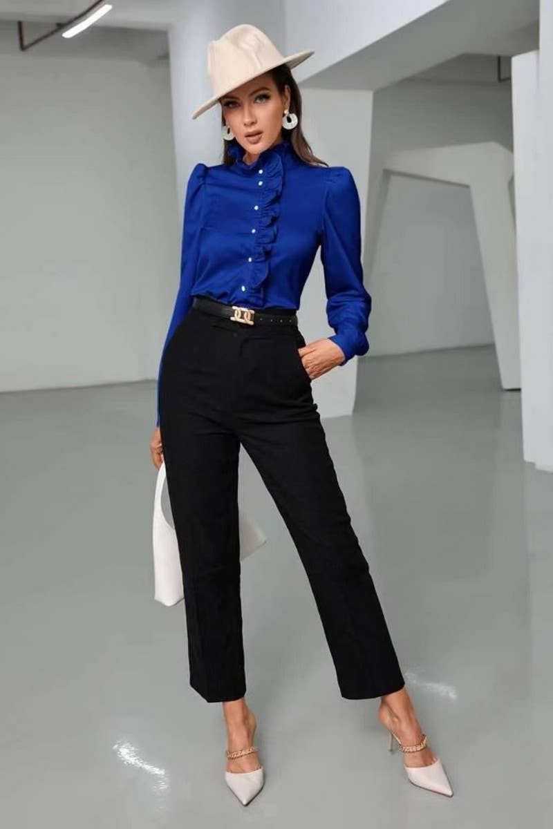 CWTBLS2041_SOLID COLOR RUFFLED LONG SLEEVE BLOUSE