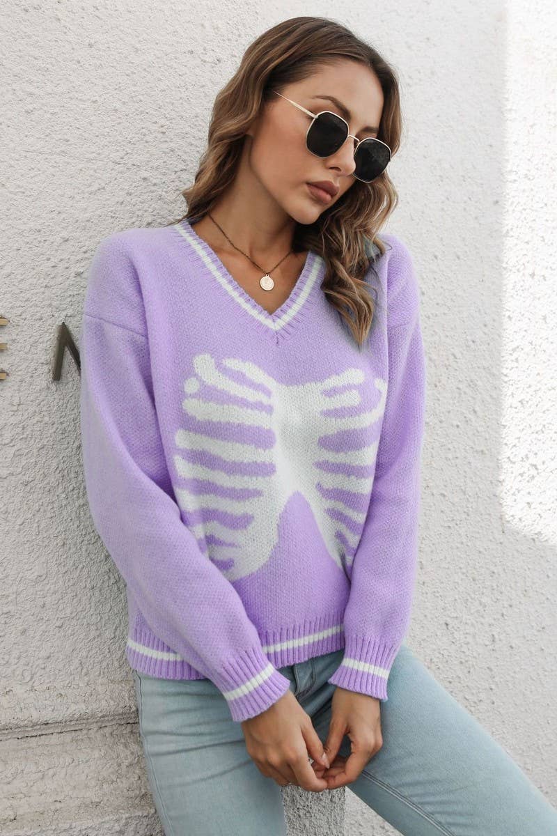 CWOSWL3896_SKULL JACQUARD V-NECK LONG SLEEVE KNITTED SWEATER