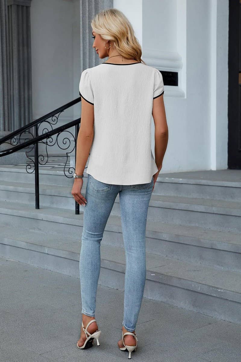 CWTBLS2260_COLORBLOCK V-NECK PETAL SLEEVE BLOUSE