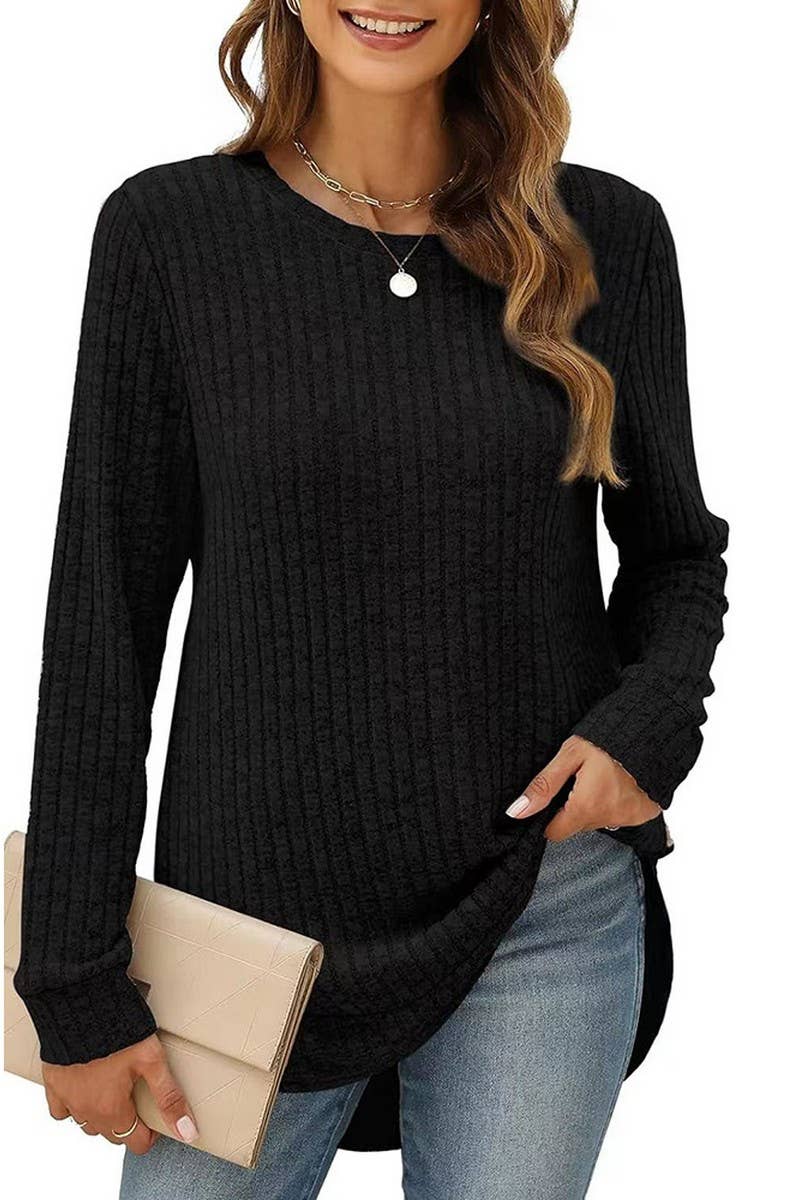 CWTBLL2383_ROUND NECK LONG SLEEVE SLIT SWALLOWTAIL TOP
