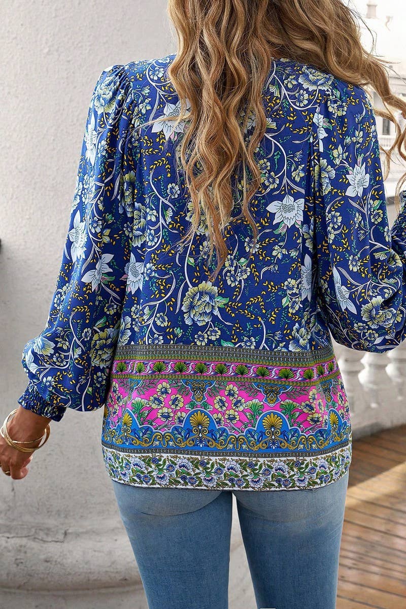 CWTBLL3942_BOHO V-NECK TIE FRONT PRINTED LONG SLEEVE BLOUSE