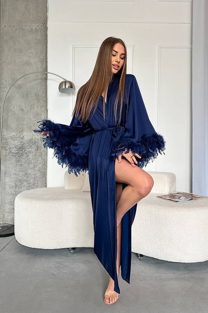 CWSPJ0315_FAUX SILK STITCHING FEATHER CARDIGAN LACE-UP ROBE