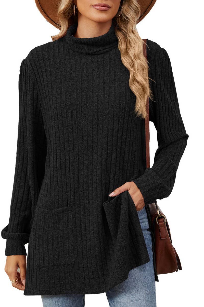 CWTBLL2363_SOLID COLOR HALF TURTLENECK SLIT POCKET TOP