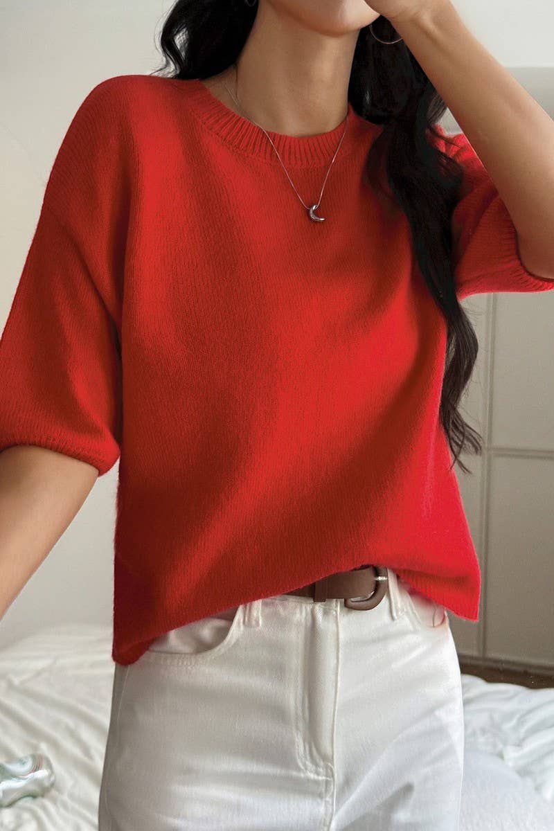 CWOSWS00158_SOLID COLOR SHORT-SLEEVED PULLOVER KNITTED TOP