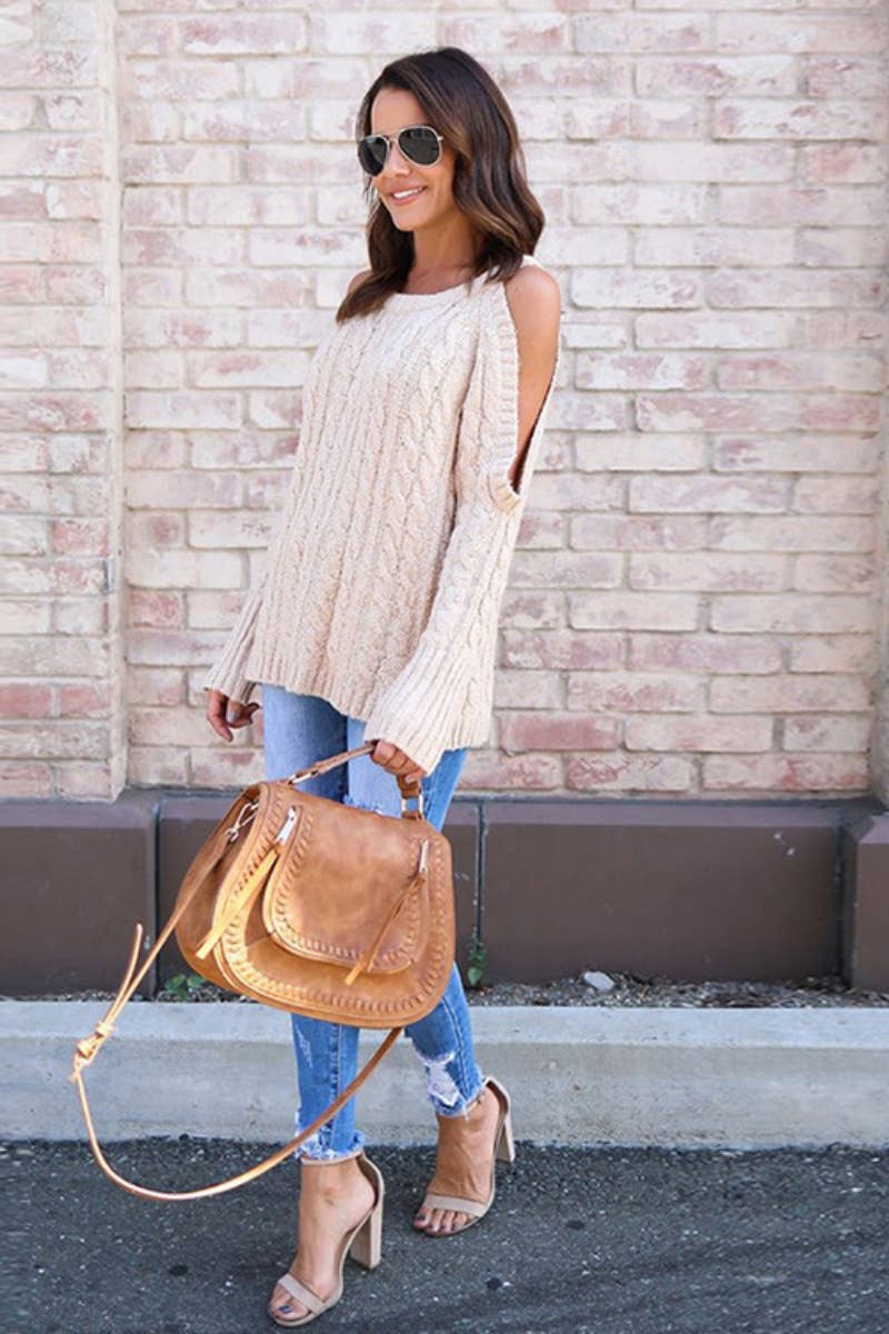CWOSWL6650_CREW-NECK OFF-SHOULDER LONG-SLEEVED SWEATER