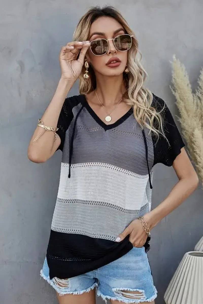 CWTTS1304_SPRING AND SUMMER STRIPED HOODED T-SHIRT